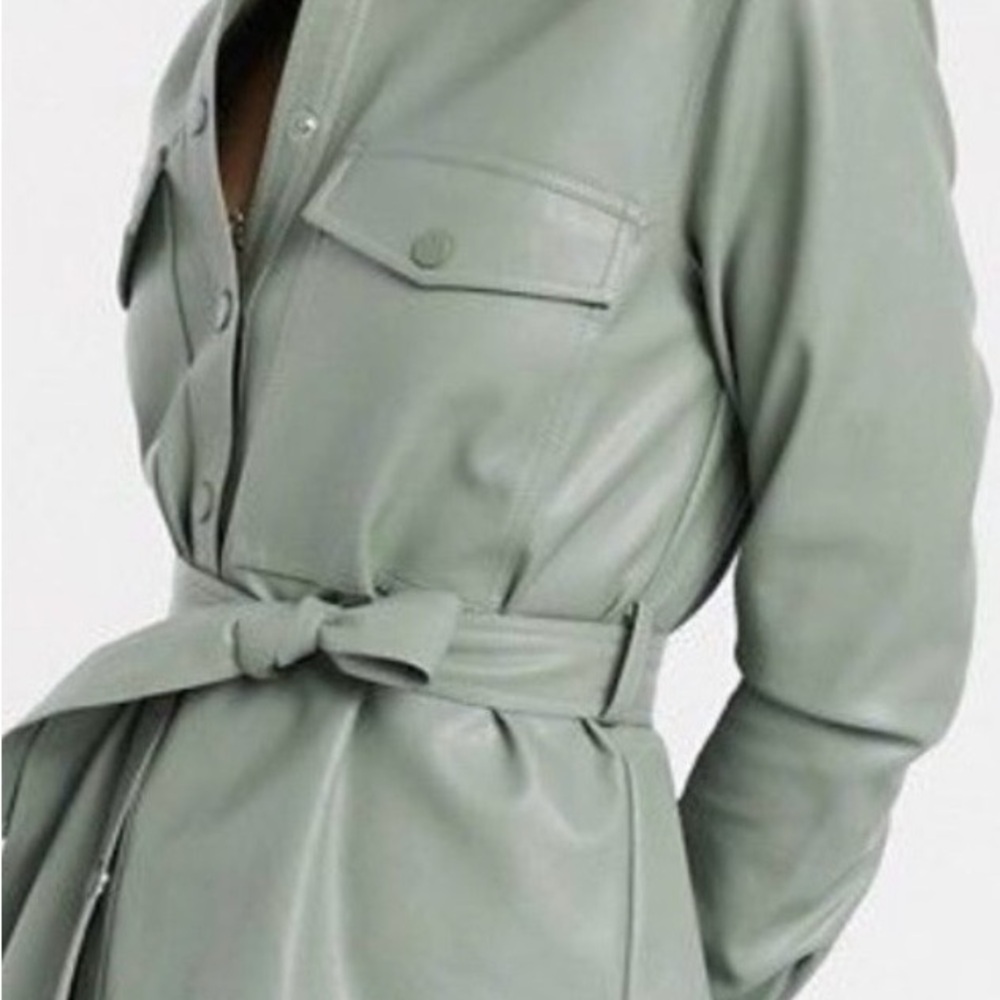 Sanctuary Sage Green Belted Faux Leather Trench Shirt